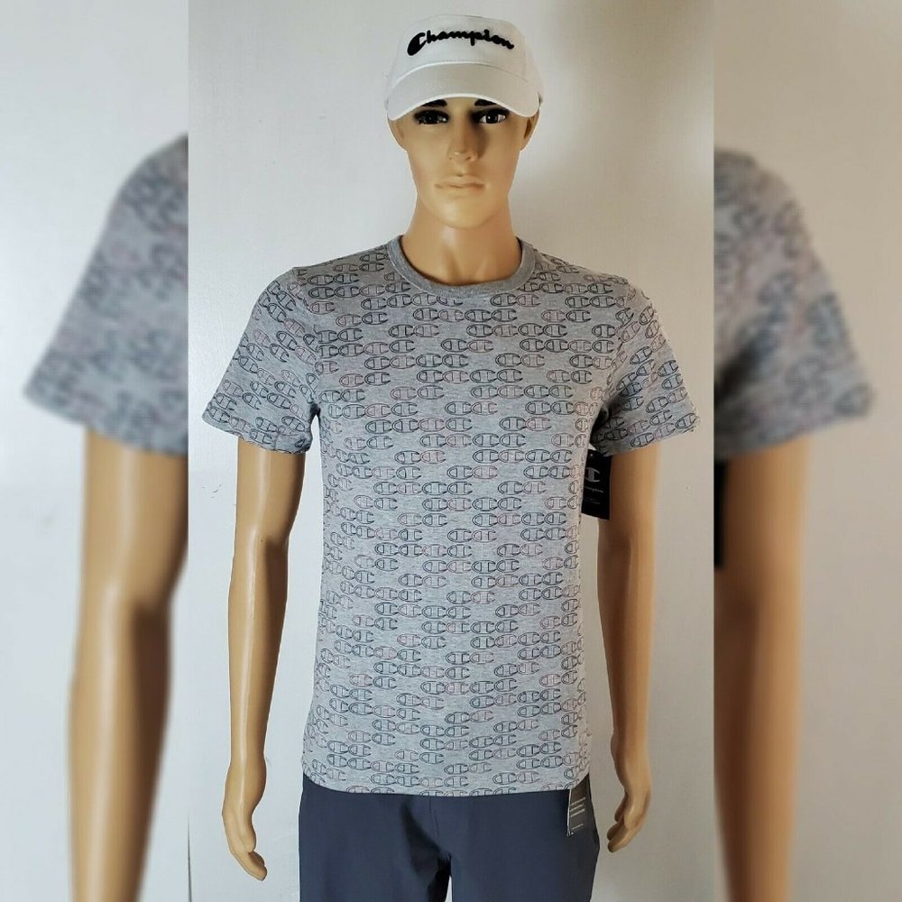 CHAMPION OFFSET ALLOVER PRINT TEE MEN'S SHORT SLEEVE CREW NECK  GREY
